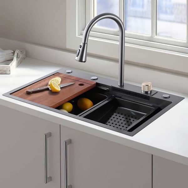 Staykiwi 30 in. Drop-In Single Bowl 16 Gauge Gunmetal Black Stainless Steel Kitchen Sink with Faucet with Accessories
