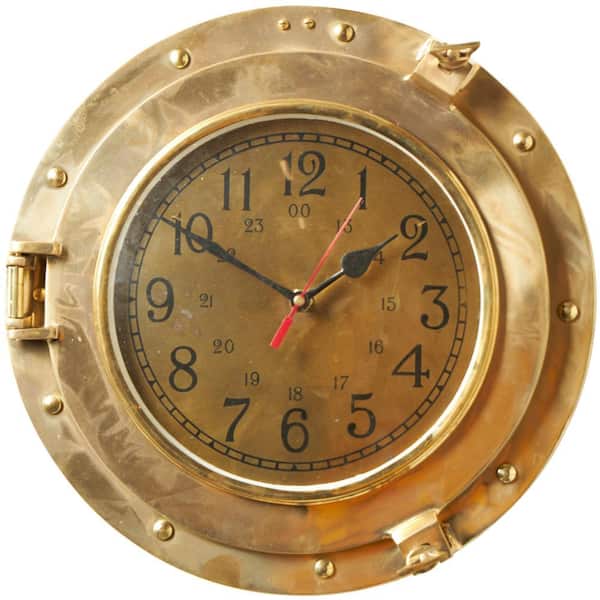 Litton Lane Gold Metal Small Port Hole Nautical Analog Wall Clock