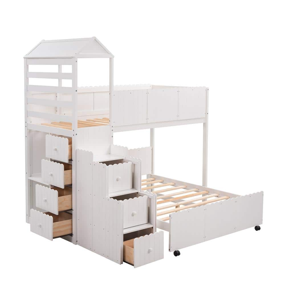 White Wooden Twin over Full Bunk Bed with with 2-Shelves and Seven ...