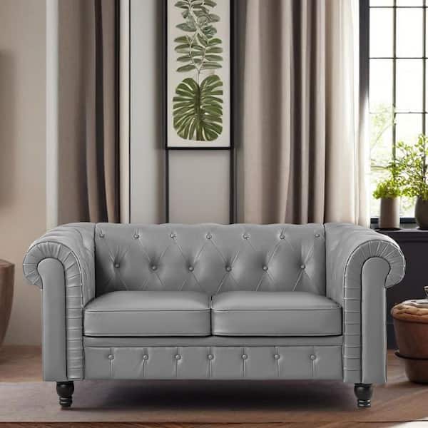 HOMESTOCK 66.53 in. Gray Faux Leather 2-Seater Loveseat 42003HDN