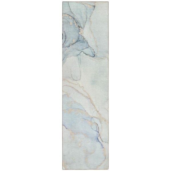 HomeRoots Beige and Blue 2 ft. x 8 ft. Woven Abstract Polyester Runner Indoor/Outdoor Area Rug
