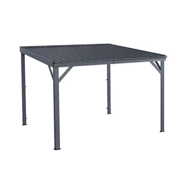 10 ft. x 10 ft. Gray Wall Mounted Gazebos Pergola with Drainage System, Hardtop Patio Shelter for Deck, Porch, Backyard