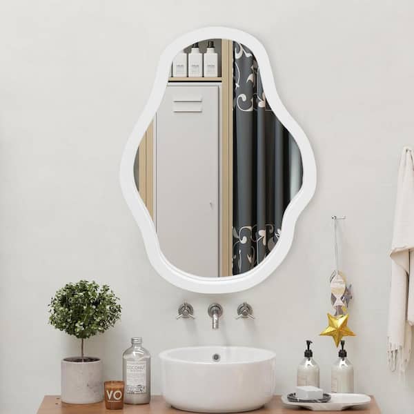 20 in. W x 28 in. H White Irregular Solid Wood Frame Wall Mirror Art Decorative Mirror