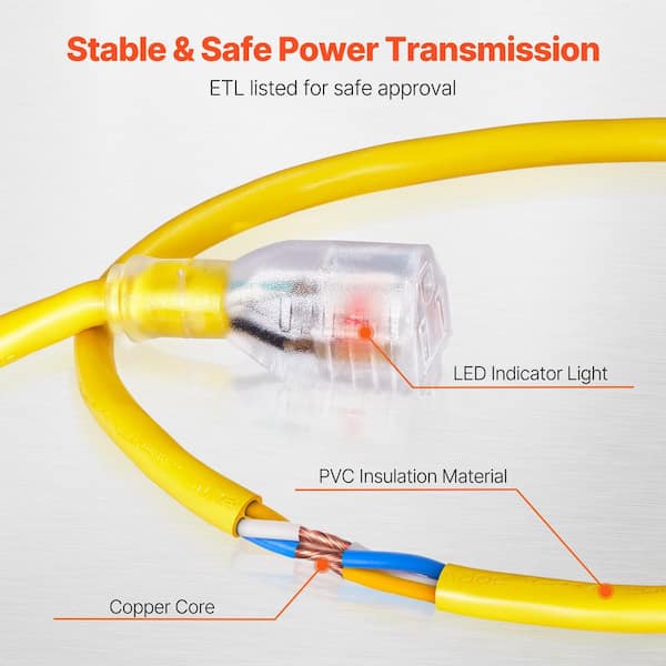 100 ft. Heavy Duty Extension Cord 12AWG 15 Amp 125-Volts 1875W Generator Extension Cord with Lighted End Flexible