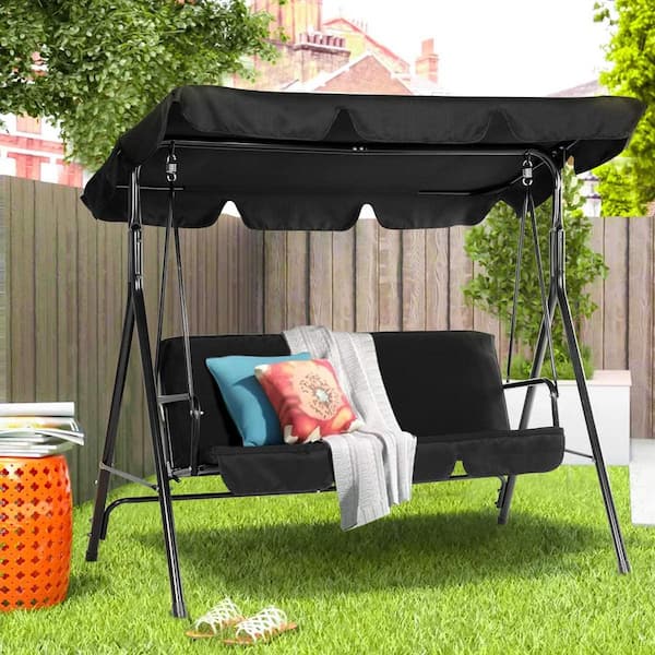 Aecojoy 3 Person Steel Frame Outdoor Patio Porch Swing Chair In Black With Adjustable Canopy 19001bk Hd01 - Tesco Outdoor Garden Furniture Cushioned Benches