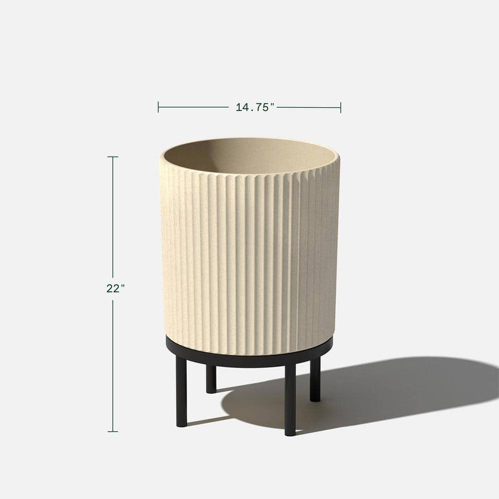 Sandstone and Black 16" Concrete-Composite Planter Set with Acacia Wood Stand