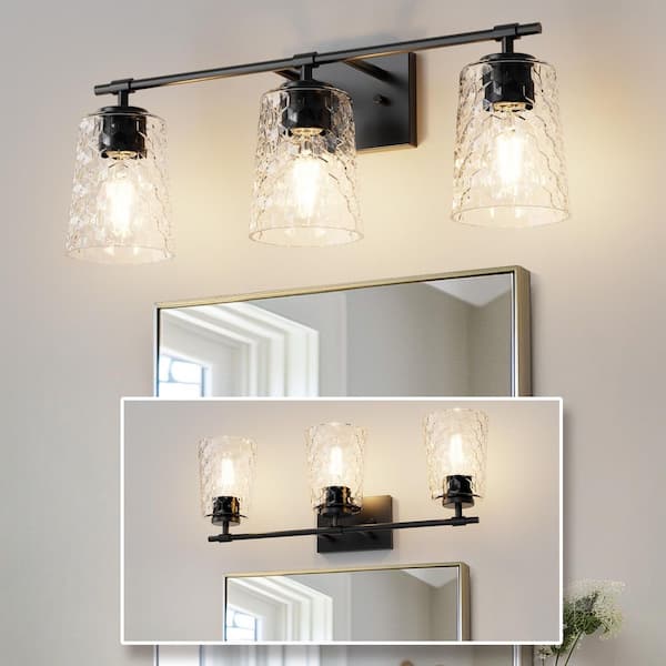 24.1 in. 3 Light Black Vanity Light with Textured Cone Shade Modern Bathroom Mirror Light for Bathroom E26 Base