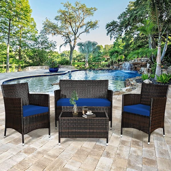 4-Pieces Patio Rattan Conversation Furniture Set Outdoor with Navy Cushion