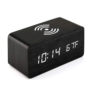 Black LED Digital Alarm Clock with Qi Wireless Charging, Sound Control, Date, Temperature Display, Table Clock