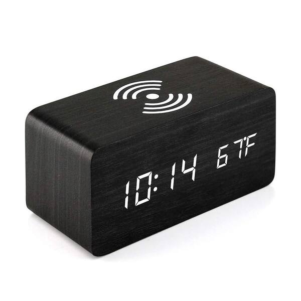Afoxsos Black LED Digital Alarm Clock with Qi Wireless Charging, Sound Control, Date, Temperature Display, Table Clock