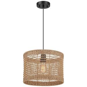 Bohe 13.8 in. 1-Light Black Bohemian Island Pendant with Natural Rattan Shade