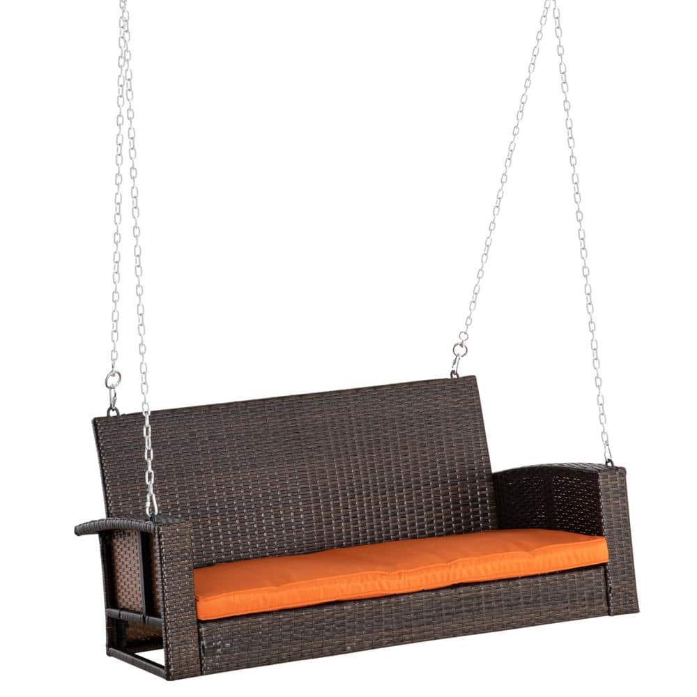 Mix Brown Wicker 2-Person Hanging Porch Swing with Orange Cushions