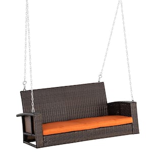 2-Person Mix Brown Wicker Porch Swing with Orange Cushions