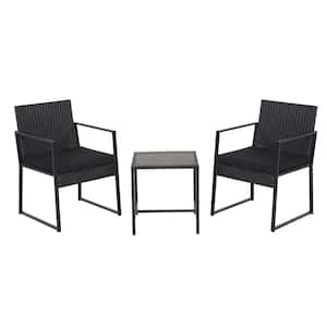 3-Piece Patio Black Rattan PE Wicker Set Outdoor Bistro Furniture Set with Table and Cushion