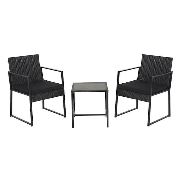 Gymax 3-Piece Patio Black Rattan PE Wicker Set Outdoor Bistro Furniture Set with Table and Cushion