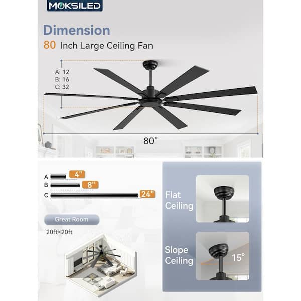 80 in. Industrial High CFM Black Downrod Mount Standard Ceiling Fan No Lights with Remote for Commercial&Residential Use