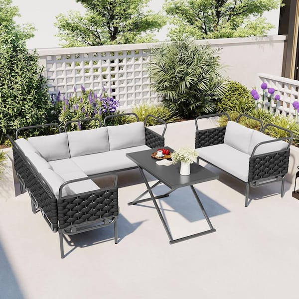 Cesicia 5-Piece Modern Black Metal Patio Conversation Set with with Glass Table and Gray Cushions