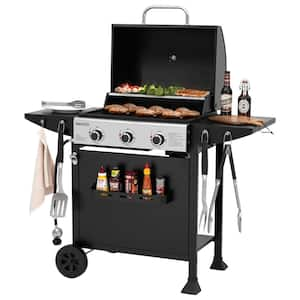 3-Burner BBQ Liquid Propane Gas Grill with Front Spice Rack, 2 Side Shelves and Hooks, Cart Style, Black, for Outdoor