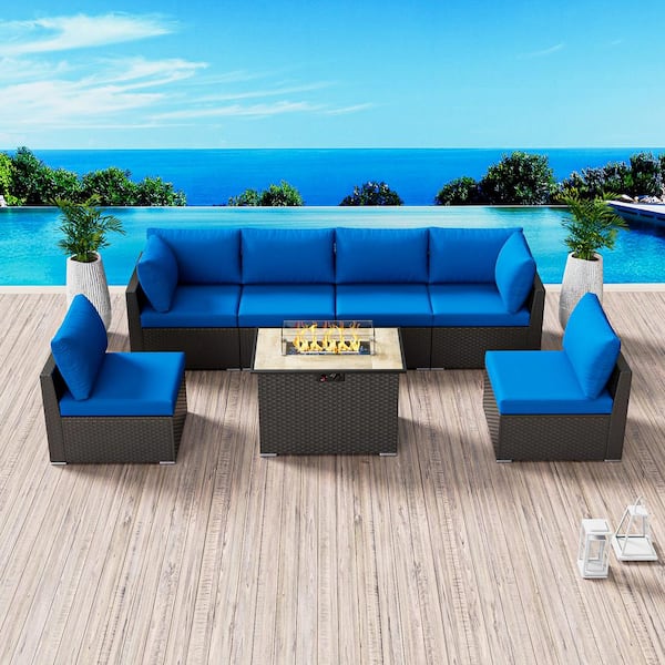 7-Piece Outdoor Wicker Patio Conversation Seating Set with Propane Fire Pit Table Without Ottoman (Royal Blue Cushion)