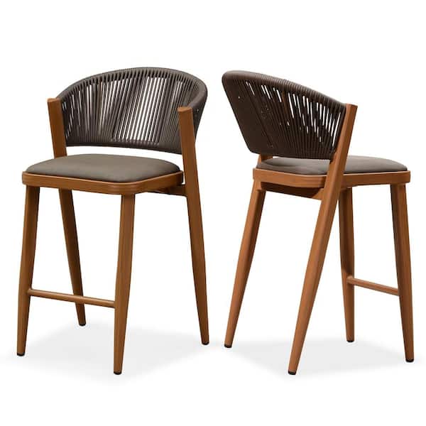 Modern Aluminum Low Back Rattan Counter Height Outdoor Bar Stool with Backrest and Brown Cushion (2-Pack)