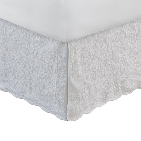 Benjara Muka Paisley Quilted 18 in. Ivory White Twin Bed Skirt