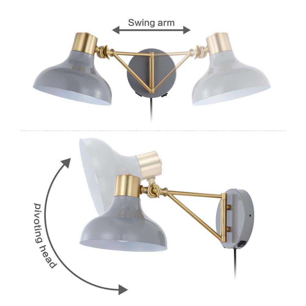 Gray and Brass Gold Swing Arm Wall Sconce with USB Port