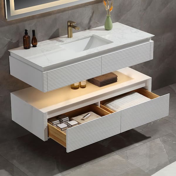 Wilton 48 in. W x 20.8in. D x 19.6 in. H Floating Bathroom Vanity Set in White with White Engineer Marble Countertop