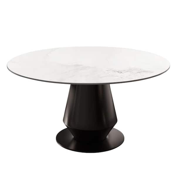 Lesly Modern Round Grayish White Chanel Rock Stone Top 53.15 in. Carbon Steel Beaded Brown Pedestal Base Dining Table(4-Seats)