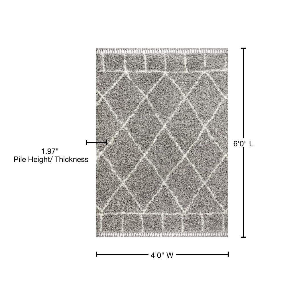 Reversible Grey/Cream Moroccan Trellis Shag Rug 4' x 6'