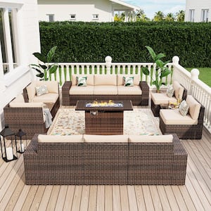 13-Piece Outdoor Fire Pit Patio Set, Patio Sectional Set with Fire Pit Table, Coffee Table, Beige Cushions, Set Covers