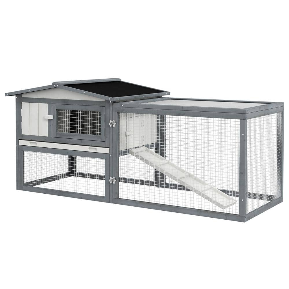 Rabbit Hutch Outdoor 2-Tier Cage with Run Feeding Trough Wooden Guinea ...