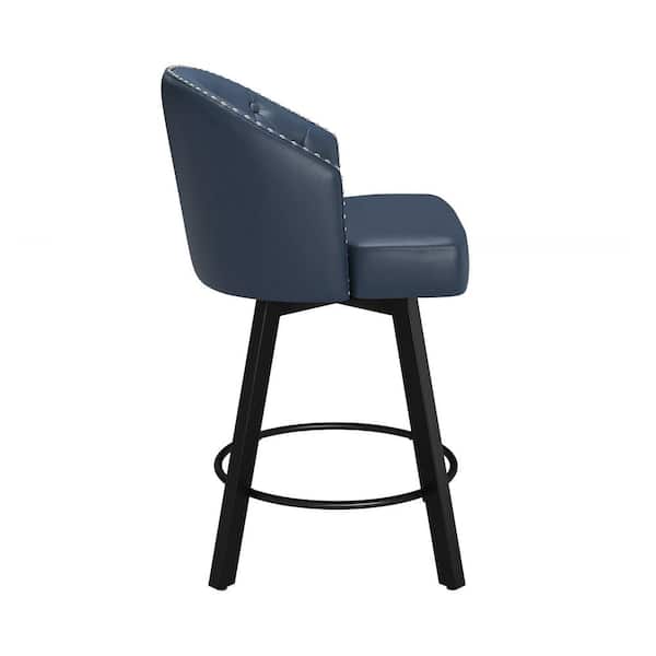 26 in. Navy Blue Faux Leather Metal Frame Upholstered Swivel Bar Stools with Bright Silver Rivets (Set of 4)