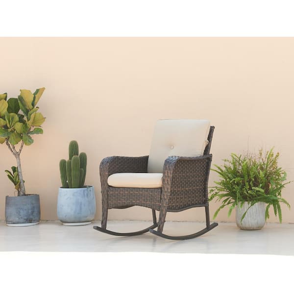 Gymojoy Brentwood Brown Wicker Outdoor Rocking Chair with CushionGuard Beige Cushion