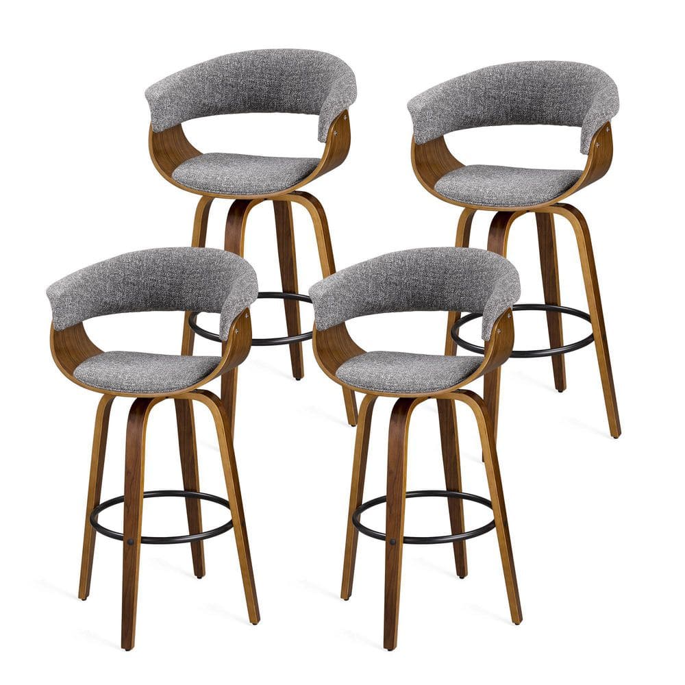 Gray Upholstered Walnut Wood Swivel Bar Stools with Metal Footrest, Set of 4