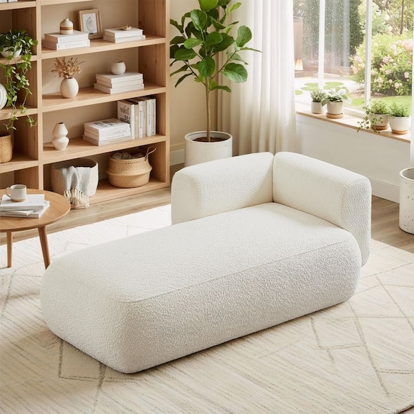 Xandra Modern Cream Boucle Polyester Upholstered Chaise Lounge with Round Wooden Legs, Foam + Spring, Left Arm