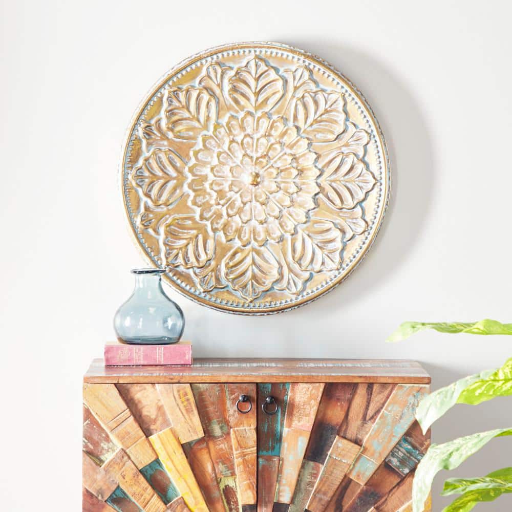 Gold Floral Embossed Iron Circular Wall Sculpture