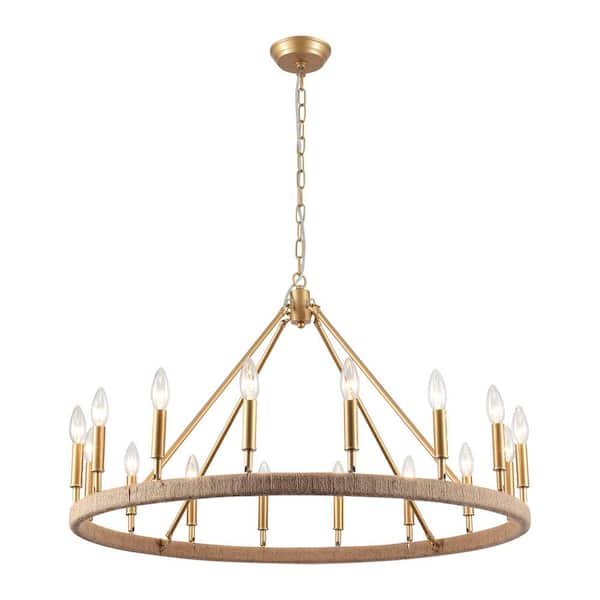 ZJVAIVE 16-Light Gold Hemp Rope Candlestick Wagon Wheel Chandelier Linear Chandelier Lighting for Kitchen Island
