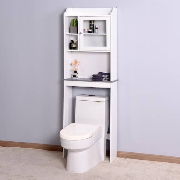 FAMYYT 23.2 in. W x 68 in. H x 7.5 in. D White Bamboo Over The Toilet Storage with Adjustable Shelves