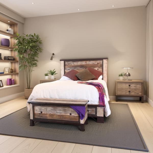 Benjara Fena Multi-Colored Wood Frame Queen Size Panel Bed with Iron Nailhead Details