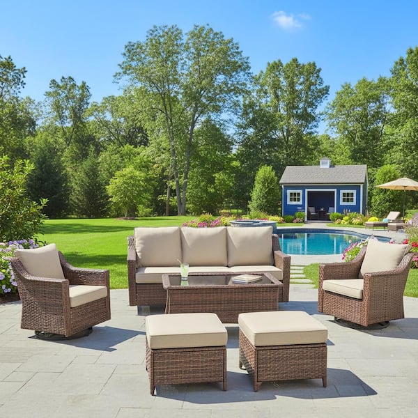 Skinny Guy Series 6-Piece Brown Wicker Outdoor Patio Conversation Corner Sofa Set with Cushion Guard Beige Cushions