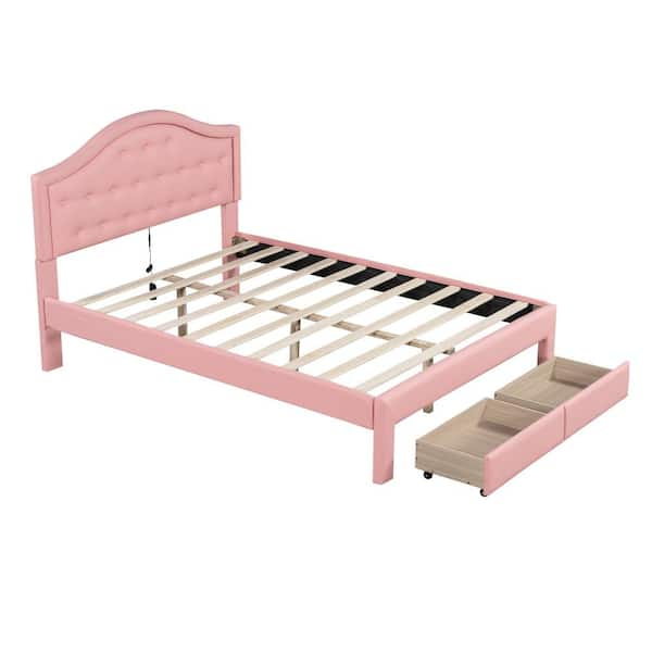 Pink Wood Frame Full Platform Bed with Tufted Headboard