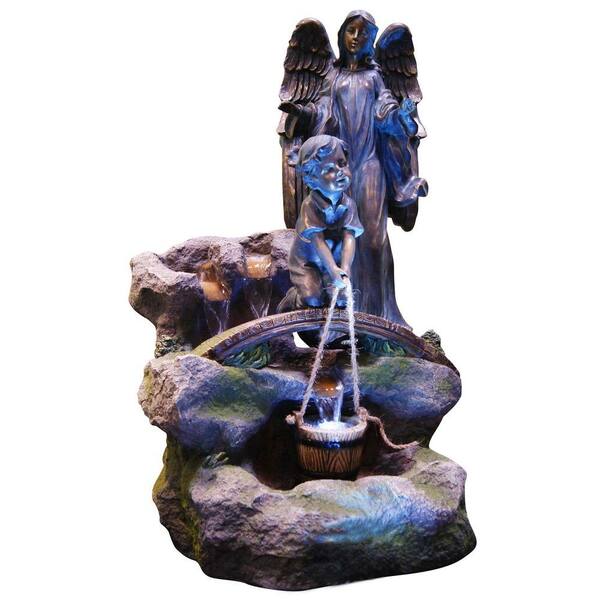 Alpine Barrel Fountain with Bronze Angel and LED Lights