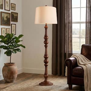 64 in. Vintage Brown Standard Floor Lamp, Mid-Century Spindle Standing Lamp with Linen Shade for Bedroom, Office