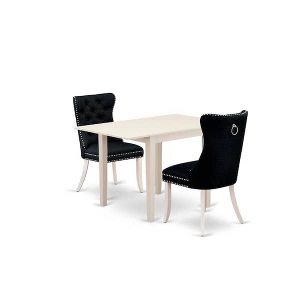 East West Furniture 3-Piece Linen White Finish Rectangular Solid Wood Top with Dropleaf Dining Table Set