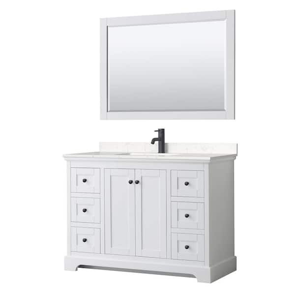Wyndham Collection Avery 48 in. W x 22 in. D x 35 in. H Single Bath Vanity in White with Carrara Cultured Marble Top and 46 in. Mirror
