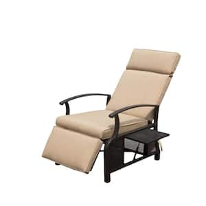 Metal Outdoor Lounge Chair Adjustable Patio Recliner Chair with Beige Cushions and Flip Table Push Back (Support 350lbs)