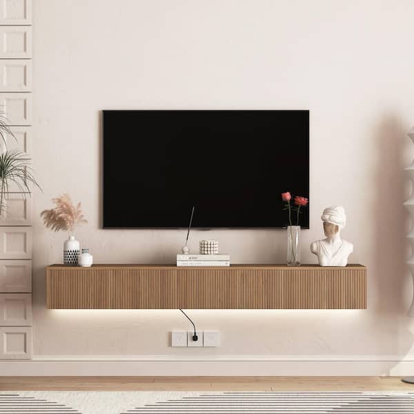 69 in. W x 11.8 in. D Brown MDF Wood Floating TV Stand Shelves Decorative Wall Shelf with Lights and Power Outlet