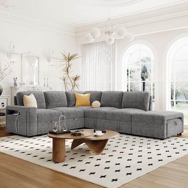 90.6 in. Fabric L-Shaped Modular Sectional Sofa in Gray with USB Port, Cup Holder, Removable Ottoman, Pull-out Sofa Bed