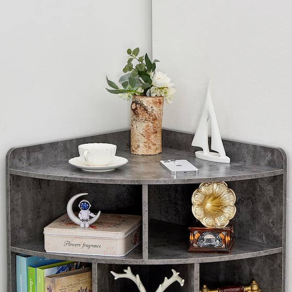 Corner Cabinet, 31.2 in. Tall Gray Wooden 3-Tier Cube Storage 9-Shelf Bookcase with 8-Cubbies, Bookshelf
