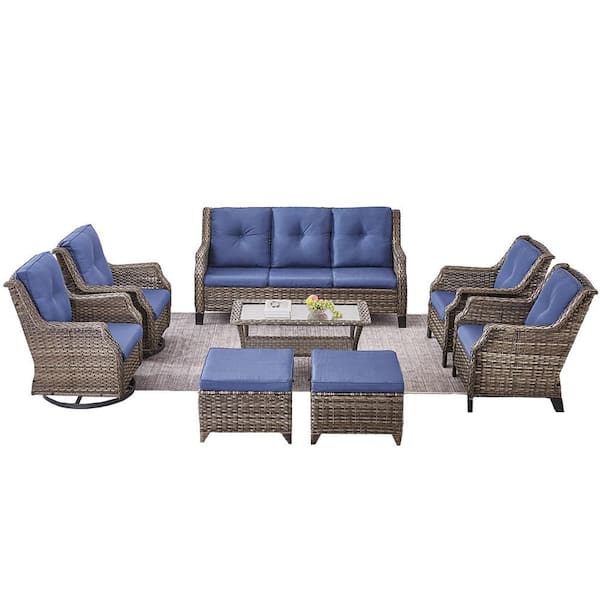 Handmade Rattan 8-Piece Wicker Patio Conversation Set for Porch Deck, Gray Rattan Sofa Chair with Blue Cushion